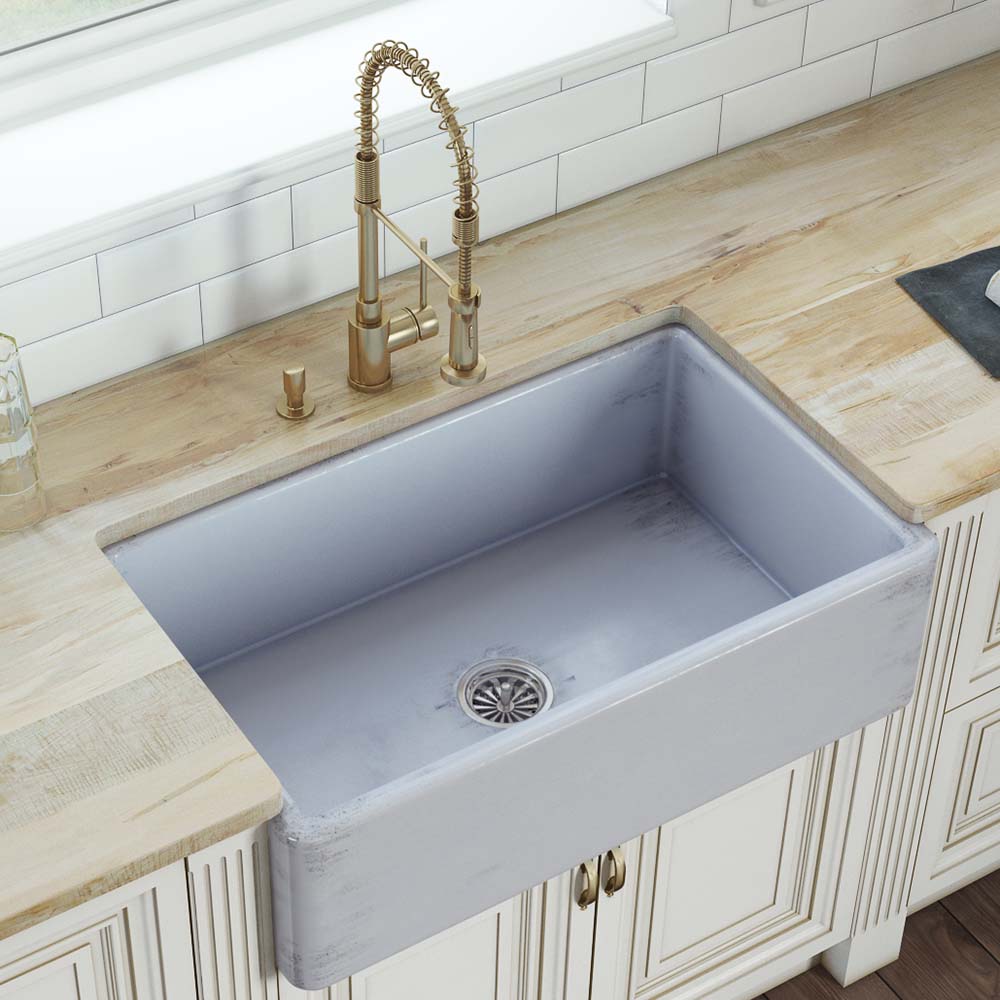 Ruvati Fiamma 33" x 20" Distressed Coastal Blue Single Bowl Fireclay Reversible Farmhouse Apron-Front Kitchen Sink