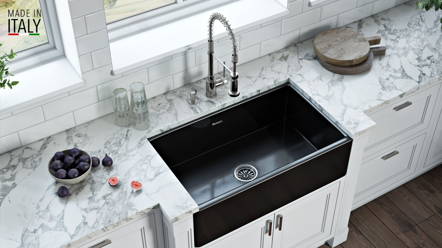 Ruvati Fiamma 33" x 20" Glossy Black Single Bowl Fireclay Reversible Farmhouse Apron-Front Kitchen Sink