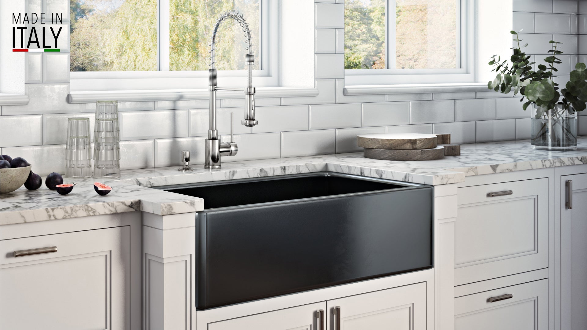 Ruvati Fiamma 33" x 20" Glossy Black Single Bowl Fireclay Reversible Farmhouse Apron-Front Kitchen Sink