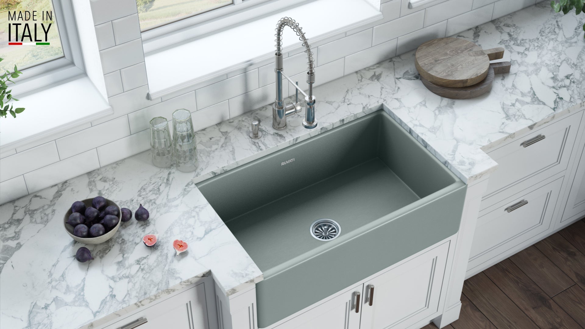 Ruvati Fiamma 33" x 20" Horizon Gray Single Bowl Fireclay Reversible Farmhouse Apron-Front Kitchen Sink