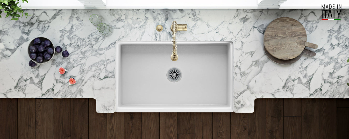 Ruvati Fiamma 33" x 20" White Single Bowl Fireclay Reversible Farmhouse Apron-Front Kitchen Sink