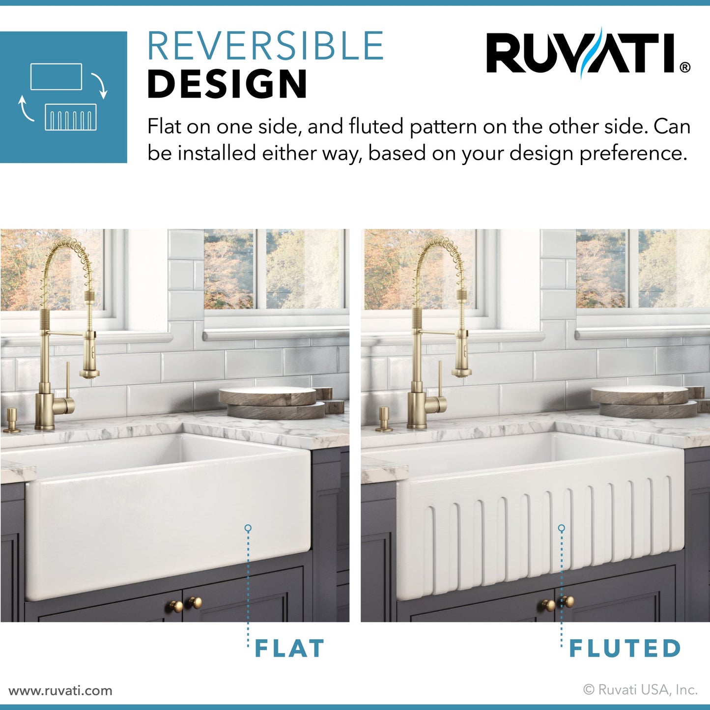 Ruvati Fiamma 33" x 20" White Single Bowl Fireclay Reversible Farmhouse Apron-Front Kitchen Sink