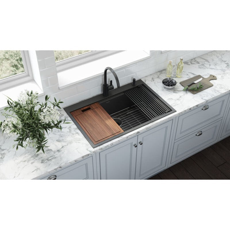 Ruvati Giana 33” Gunmetal Matte Black Drop-In Topmount Stainless Steel Single Bowl Workstation Kitchen Sink With Basket Strainer, Bottom Rinse Grid and Drain Assembly