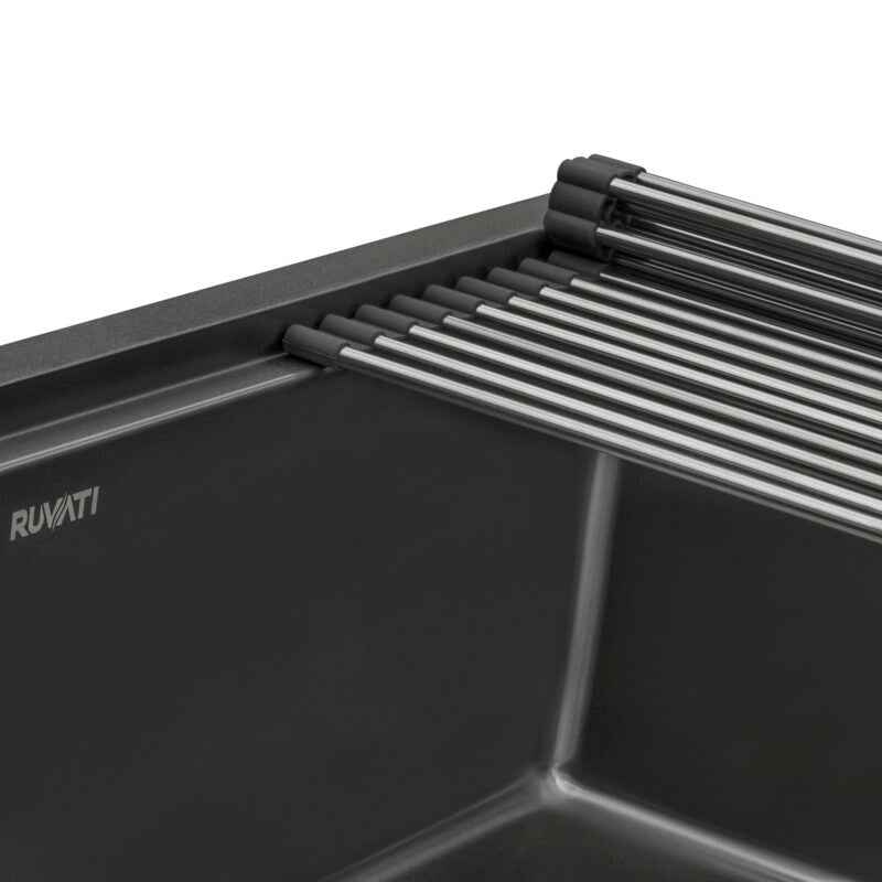 Ruvati Giana 33” Gunmetal Matte Black Drop-In Topmount Stainless Steel Single Bowl Workstation Kitchen Sink With Basket Strainer, Bottom Rinse Grid and Drain Assembly