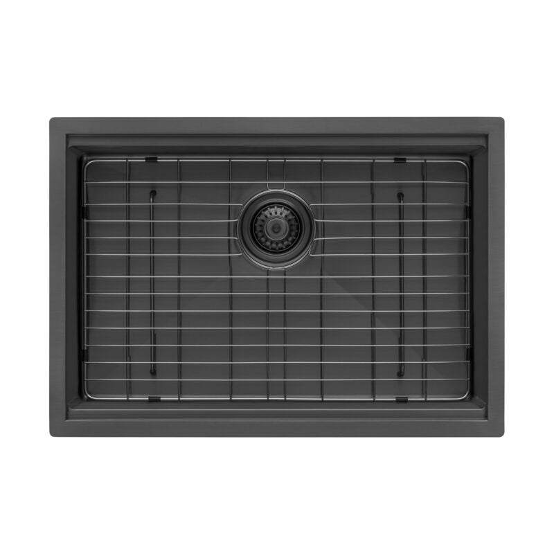 Ruvati Giana 33” Gunmetal Matte Black Undermount Stainless Steel Single Bowl Workstation Kitchen Sink With Basket Strainer, Bottom Rinse Grid and Drain Assembly