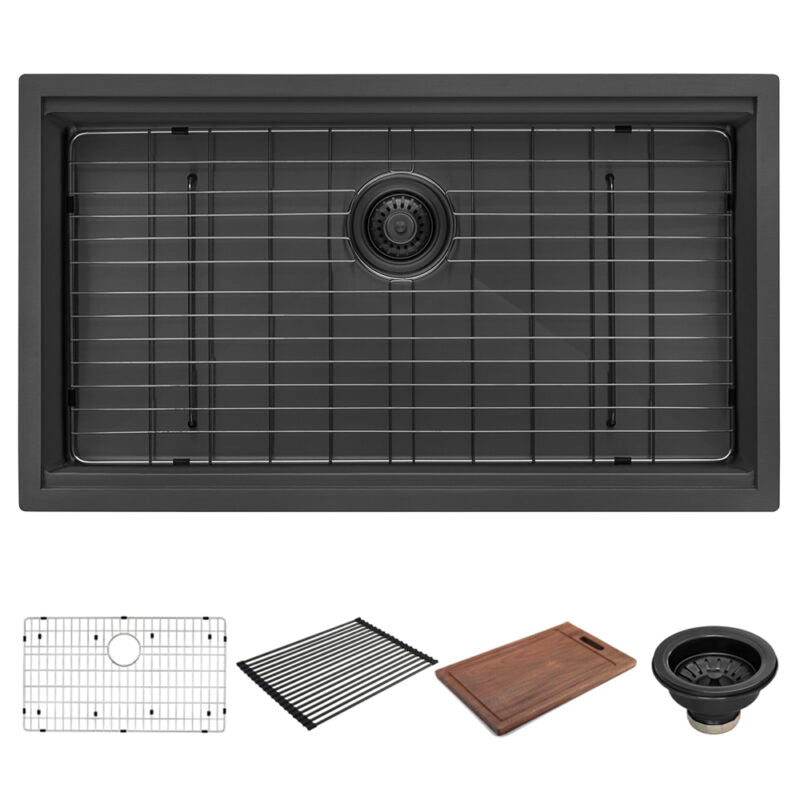 Ruvati Giana 33” Gunmetal Matte Black Undermount Stainless Steel Single Bowl Workstation Kitchen Sink With Basket Strainer, Bottom Rinse Grid and Drain Assembly