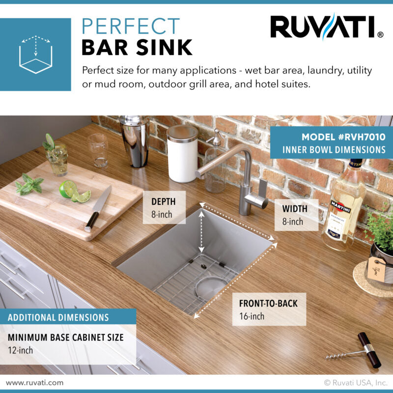 Ruvati Gravena 10” x 18" Undermount Stainless Steel Single Bowl Tight Radius Bar Prep Kitchen Sink With Basket Strainer, Bottom Rinse Grid and Drain Assembly