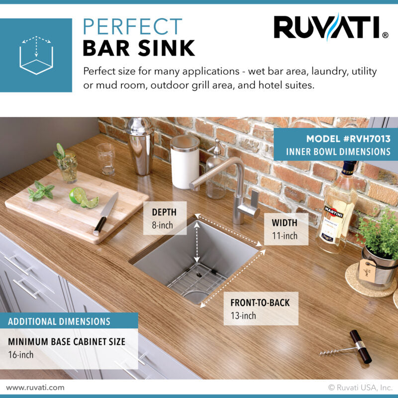 Ruvati Gravena 13” x 15" Undermount Stainless Steel Single Bowl Tight Radius Bar Prep Kitchen Sink With Basket Strainer, Bottom Rinse Grid and Drain Assembly