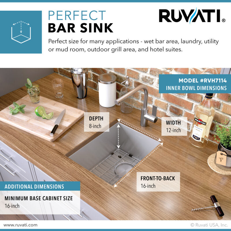 Ruvati Gravena 14” x 18" Undermount Stainless Steel Single Bowl Tight Radius Kitchen Sink With Basket Strainer, Bottom Rinse Grid and Drain Assembly