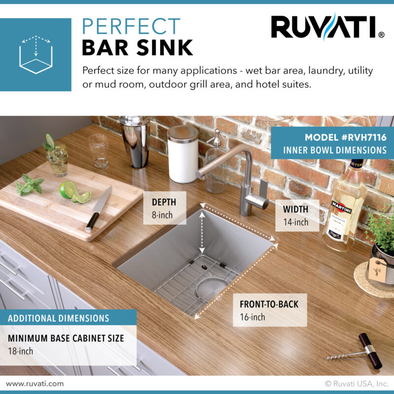 Ruvati Gravena 16” x 18" Undermount Stainless Steel Single Bowl Tight Radius Kitchen Sink With Basket Strainer, Bottom Rinse Grid and Drain Assembly