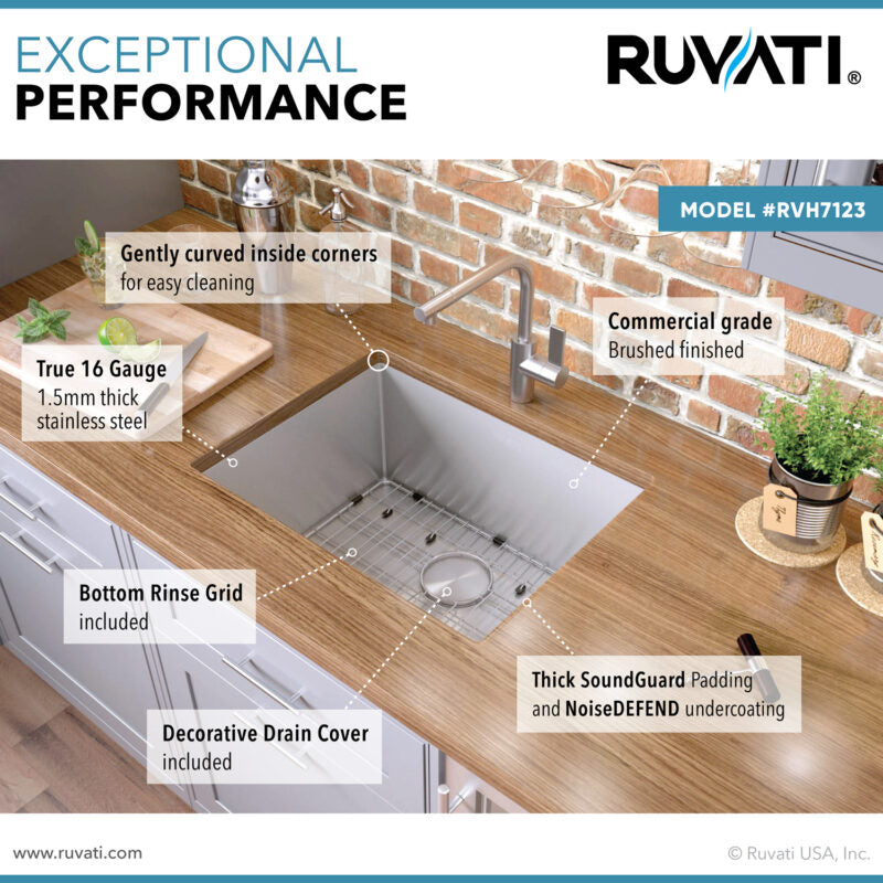 Ruvati Gravena 23” x 18" Undermount Stainless Steel Single Bowl Tight Radius Kitchen Sink With Basket Strainer, Bottom Rinse Grid and Drain Assembly