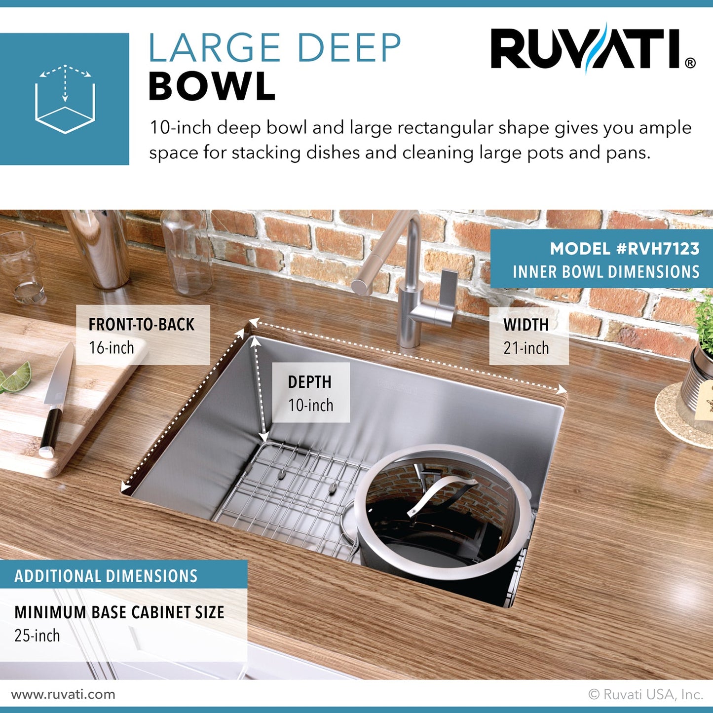 Ruvati Gravena 23” x 18" Undermount Stainless Steel Single Bowl Tight Radius Kitchen Sink With Basket Strainer, Bottom Rinse Grid and Drain Assembly