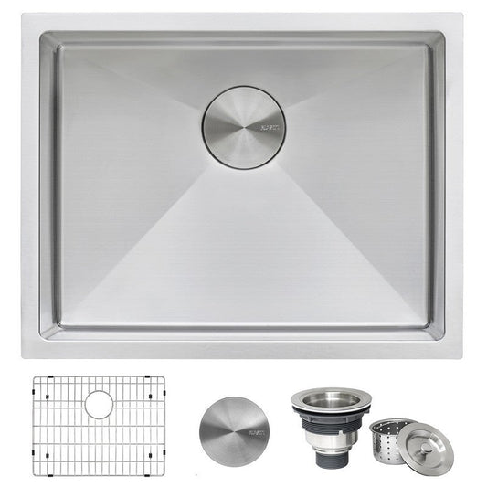 Ruvati Gravena 23” x 18" Undermount Stainless Steel Single Bowl Tight Radius Kitchen Sink With Basket Strainer, Bottom Rinse Grid and Drain Assembly