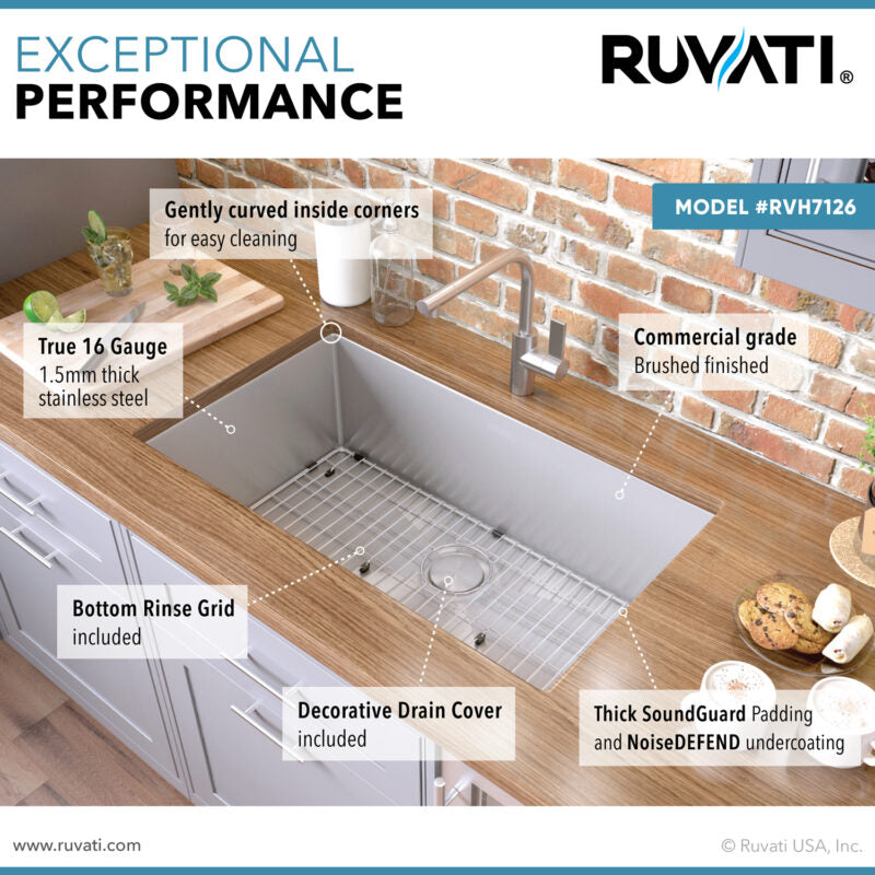 Ruvati Gravena 26” x 18" Undermount Stainless Steel Single Bowl Tight Radius Kitchen Sink With Basket Strainer, Bottom Rinse Grid and Drain Assembly