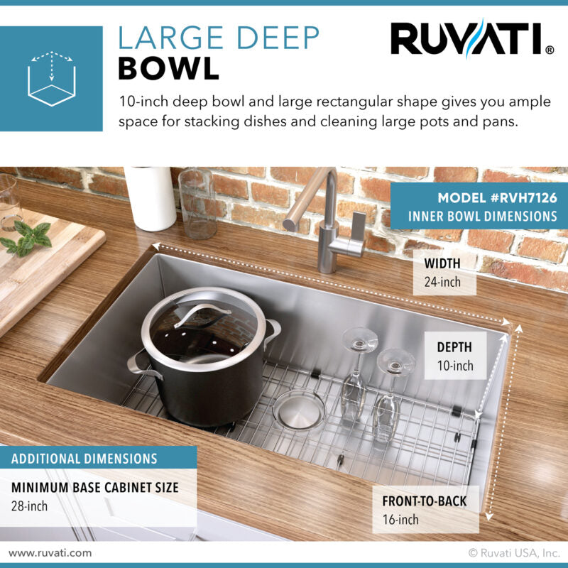 Ruvati Gravena 26” x 18" Undermount Stainless Steel Single Bowl Tight Radius Kitchen Sink With Basket Strainer, Bottom Rinse Grid and Drain Assembly