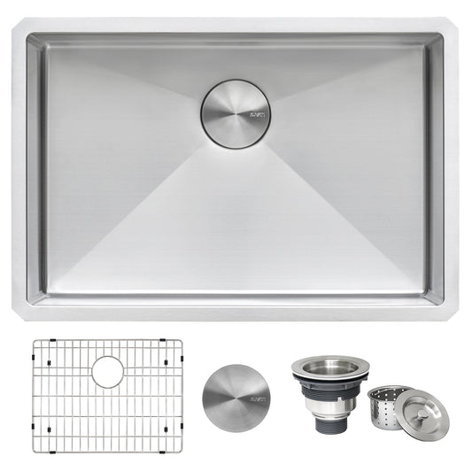 Ruvati Gravena 26” x 18" Undermount Stainless Steel Single Bowl Tight Radius Kitchen Sink With Basket Strainer, Bottom Rinse Grid and Drain Assembly