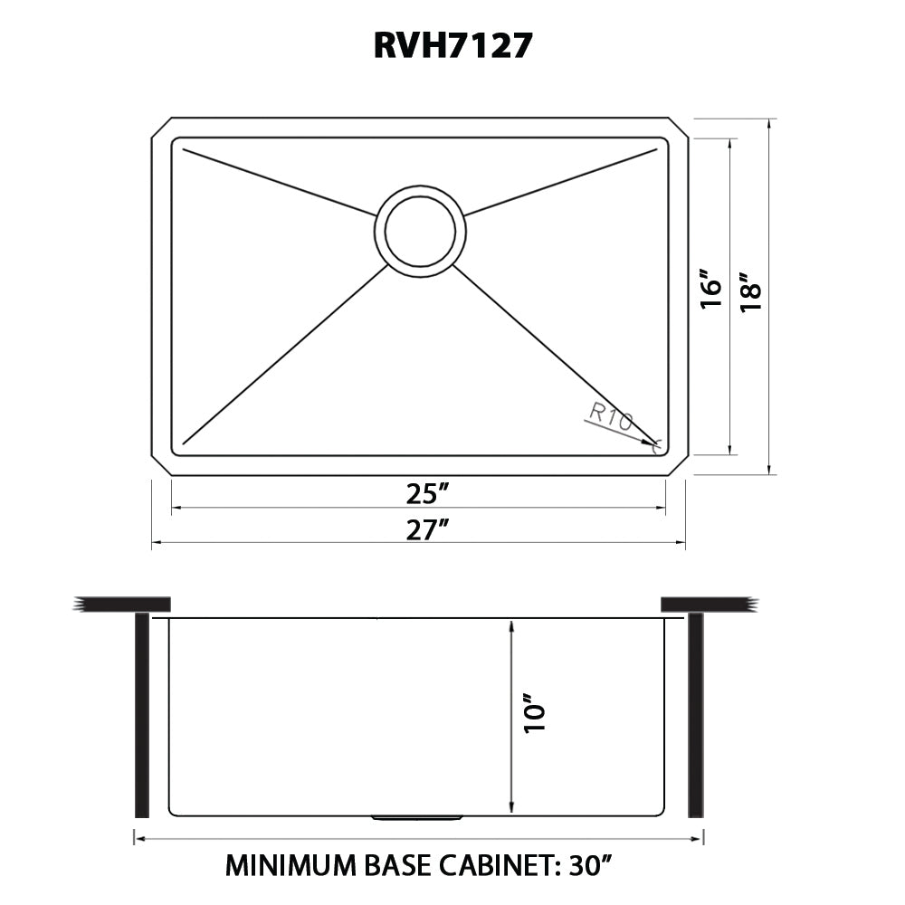 Ruvati Gravena 27” x 18" Undermount Stainless Steel Single Bowl Tight Radius Kitchen Sink With Basket Strainer, Bottom Rinse Grid and Drain Assembly