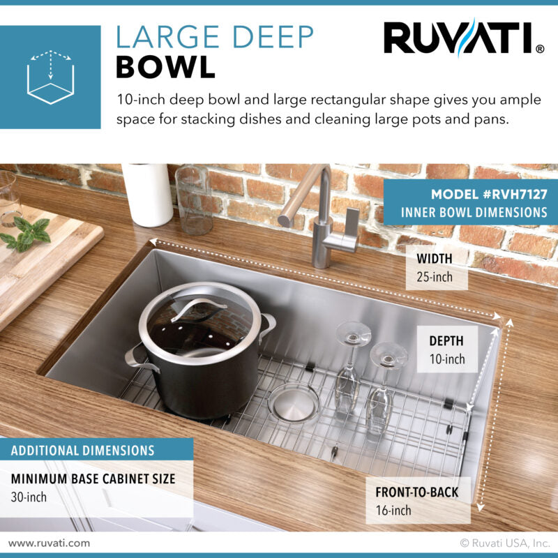 Ruvati Gravena 27” x 18" Undermount Stainless Steel Single Bowl Tight Radius Kitchen Sink With Basket Strainer, Bottom Rinse Grid and Drain Assembly