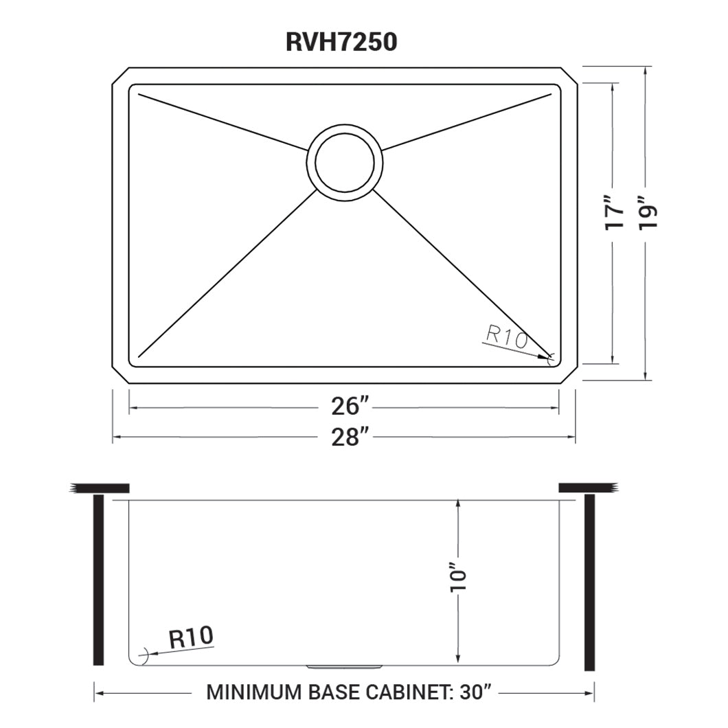 Ruvati Gravena 28” x 19" Undermount Stainless Steel Single Bowl Tight Radius Kitchen Sink With Basket Strainer, Bottom Rinse Grid and Drain Assembly