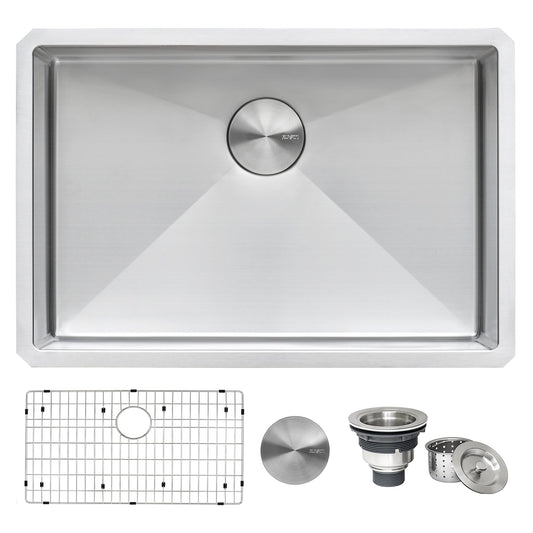 Ruvati Gravena 28” x 19" Undermount Stainless Steel Single Bowl Tight Radius Kitchen Sink With Basket Strainer, Bottom Rinse Grid and Drain Assembly