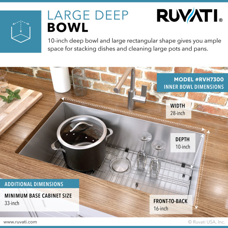 Ruvati Gravena 30” x 18" Undermount Stainless Steel Single Bowl Tight Radius Kitchen Sink With Basket Strainer, Bottom Rinse Grid and Drain Assembly