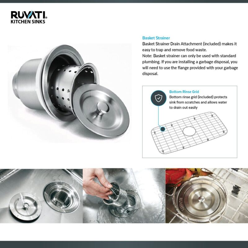 Ruvati Gravena 32” x 19" Undermount Stainless Steel 50/50 Double Bowl Tight Radius Kitchen Sink With Basket Strainer, Bottom Rinse Grid and Drain Assembly