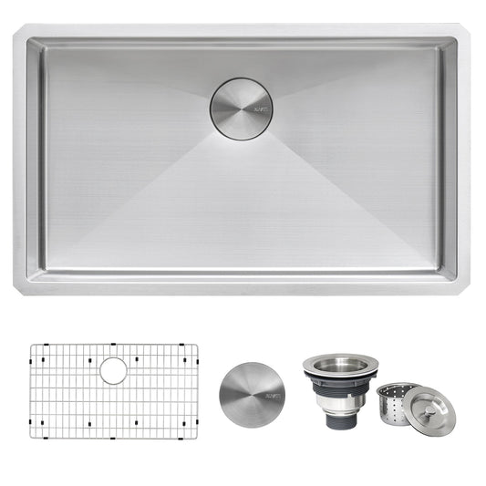 Ruvati Gravena 32” x 19" Undermount Stainless Steel Single Bowl Tight Radius Kitchen Sink With Basket Strainer, Bottom Rinse Grid and Drain Assembly