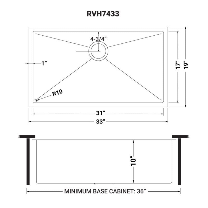 Ruvati Gravena 33” x 19" Undermount Stainless Steel Single Bowl Tight Radius Large Kitchen Sink With Basket Strainer, Bottom Rinse Grid and Drain Assembly