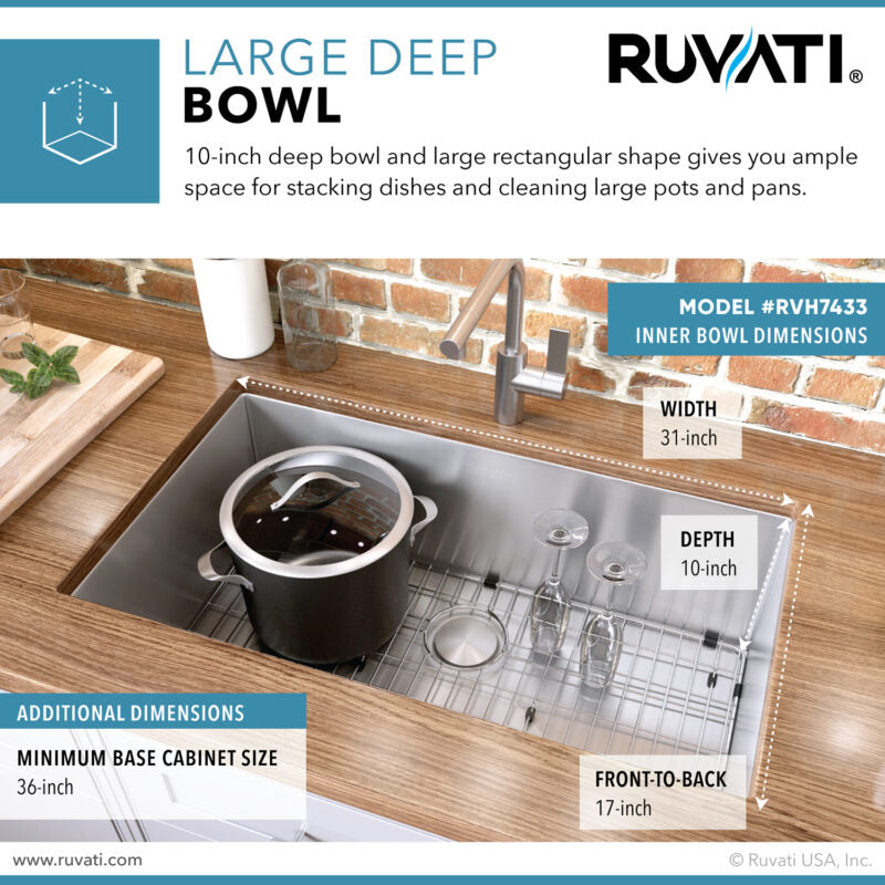 Ruvati Gravena 33” x 19" Undermount Stainless Steel Single Bowl Tight Radius Large Kitchen Sink With Basket Strainer, Bottom Rinse Grid and Drain Assembly