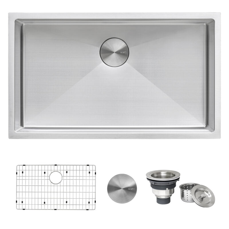 Ruvati Gravena 33” x 19" Undermount Stainless Steel Single Bowl Tight Radius Large Kitchen Sink With Basket Strainer, Bottom Rinse Grid and Drain Assembly