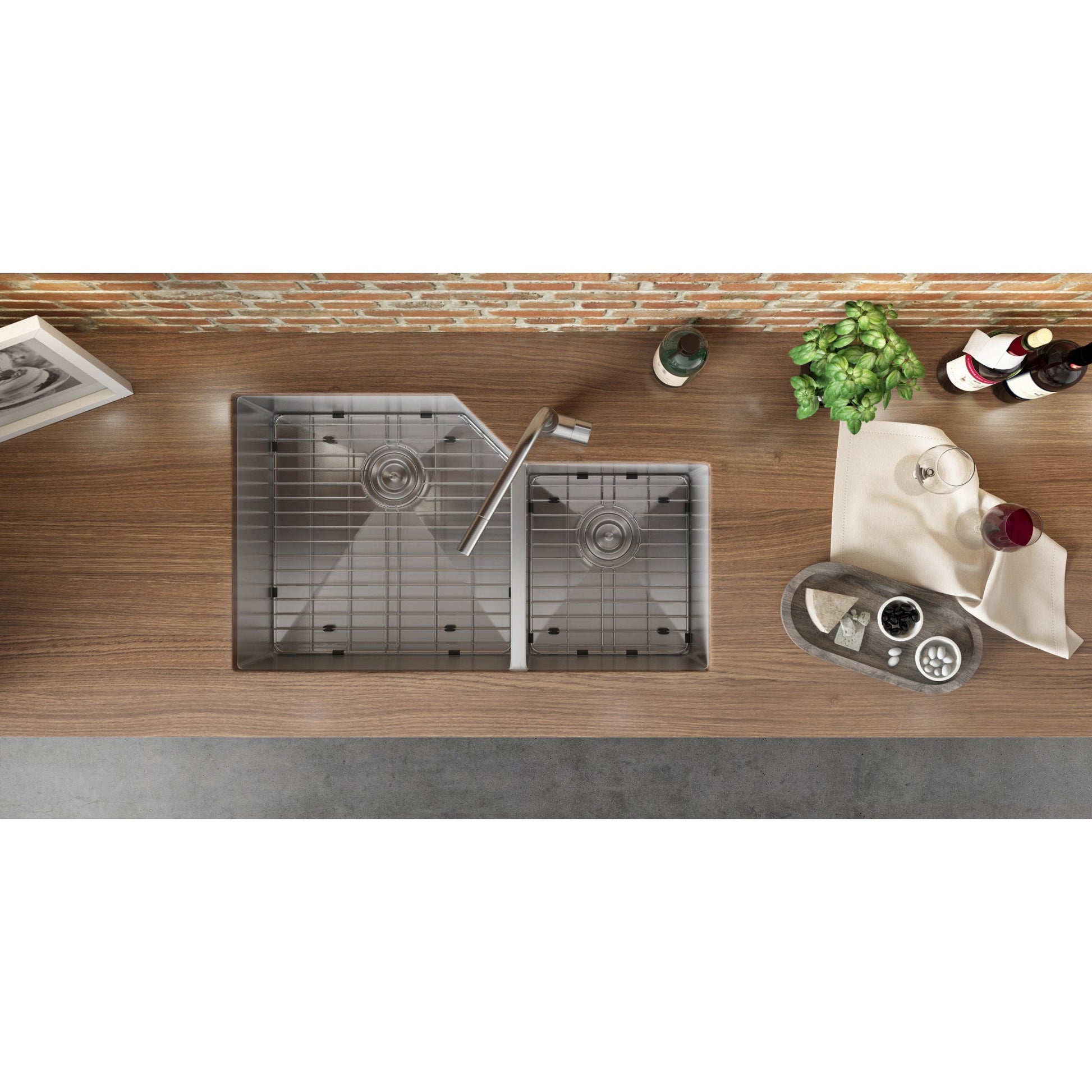 Ruvati Gravena 33” x 20" Undermount Stainless Steel 60/40 Double Bowl Kitchen Sink With Basket Strainer, Bottom Rinse Grid and Drain Assembly