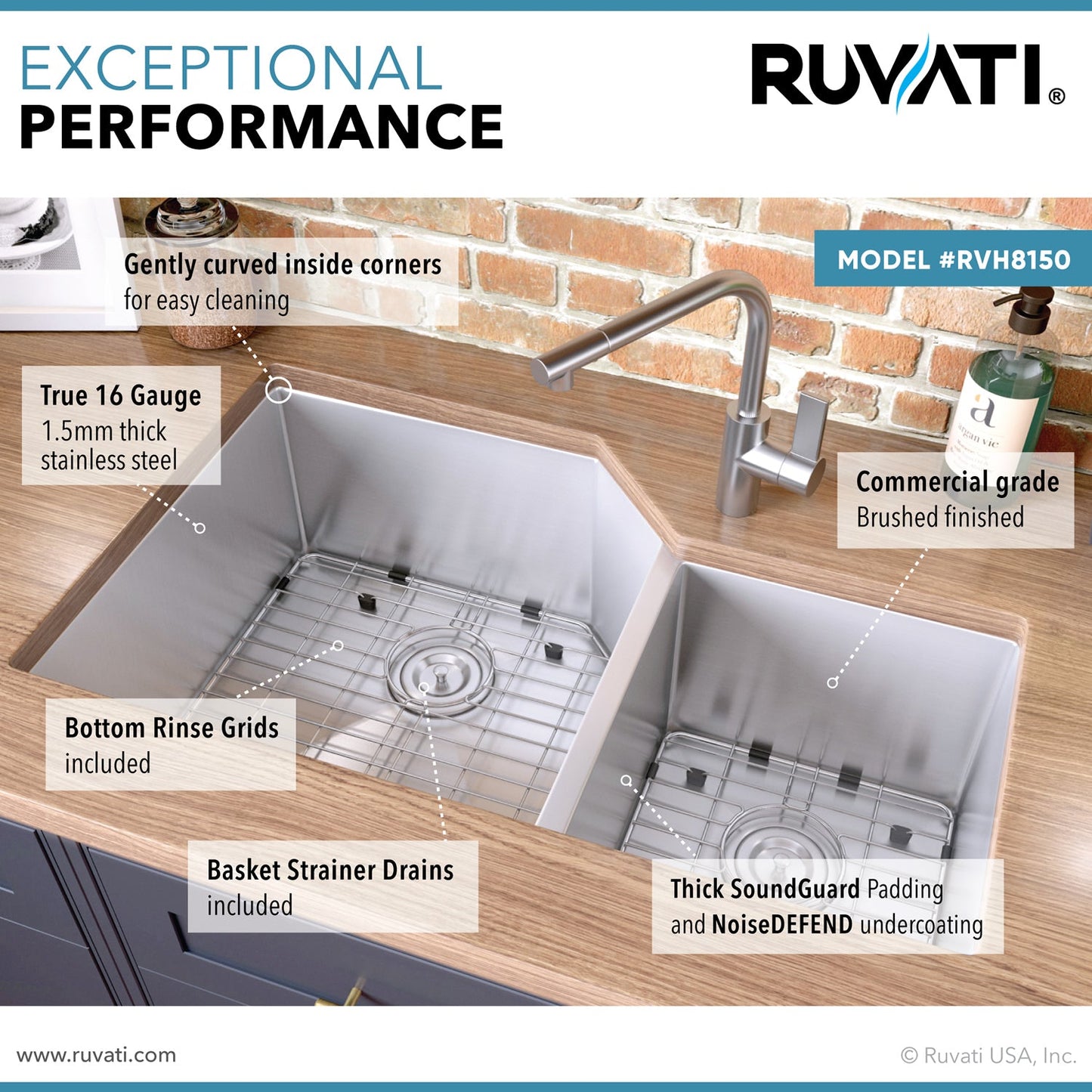 Ruvati Gravena 33” x 20" Undermount Stainless Steel 60/40 Double Bowl Kitchen Sink With Basket Strainer, Bottom Rinse Grid and Drain Assembly