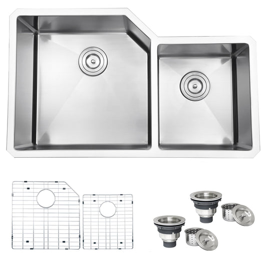 Ruvati Gravena 33” x 20" Undermount Stainless Steel 60/40 Double Bowl Kitchen Sink With Basket Strainer, Bottom Rinse Grid and Drain Assembly