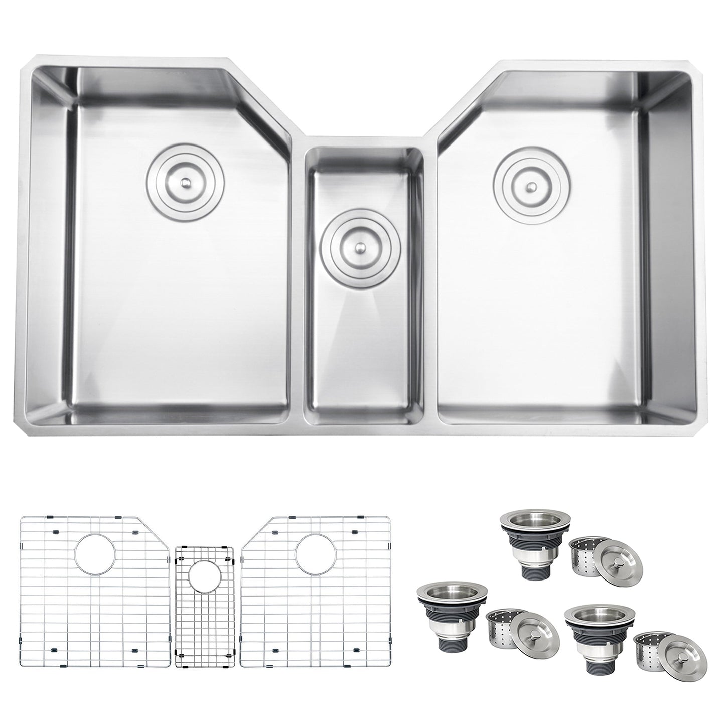 Ruvati Gravena 35" x 20" Undermount Stainless Steel Triple Bowl Kitchen Sink With Basket Strainer, Bottom Rinse Grid and Drain Assembly