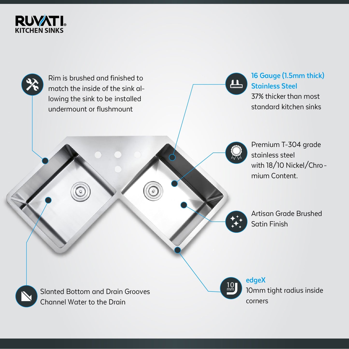 Ruvati Gravena 44” x 22" Undermount Stainless Steel 50/50 Double Bowl Corner Butterfly Kitchen Sink With Basket Strainer, Bottom Rinse Grid and Drain Assembly