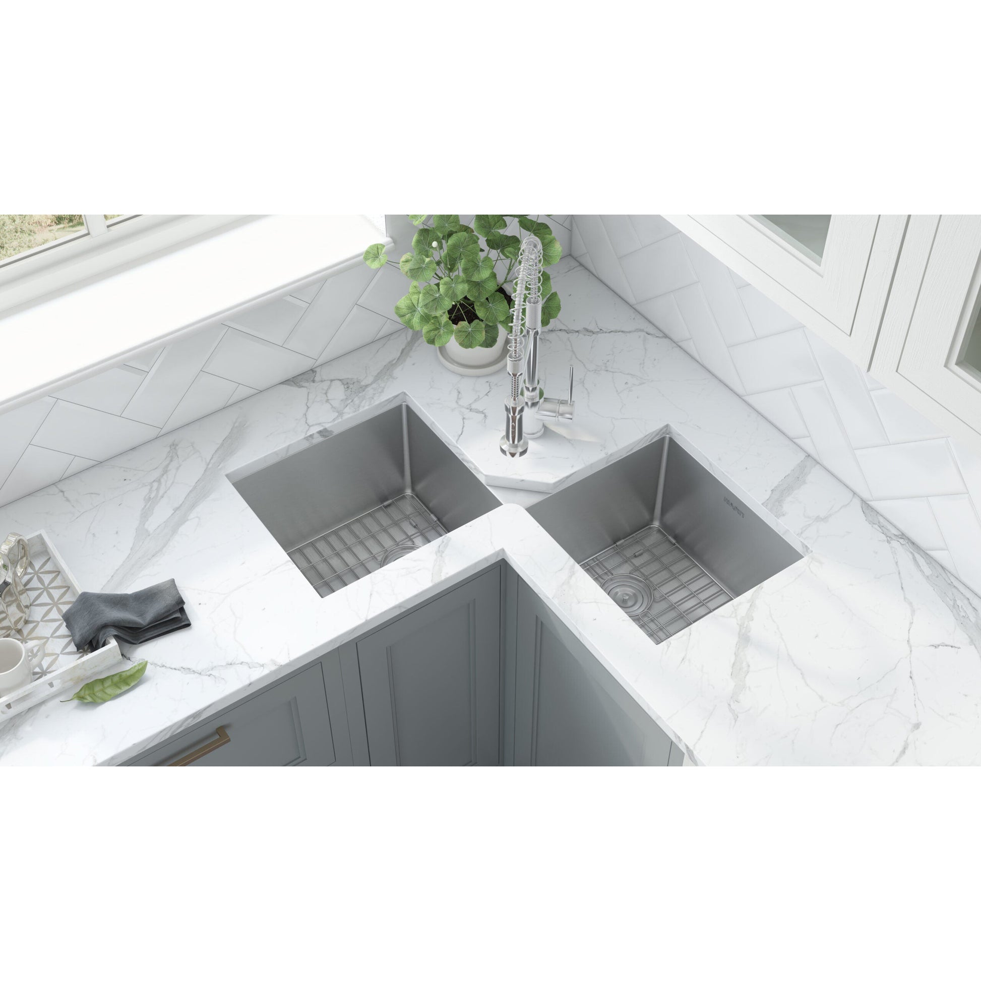 Ruvati Gravena 44” x 22" Undermount Stainless Steel 50/50 Double Bowl Corner Butterfly Kitchen Sink With Basket Strainer, Bottom Rinse Grid and Drain Assembly