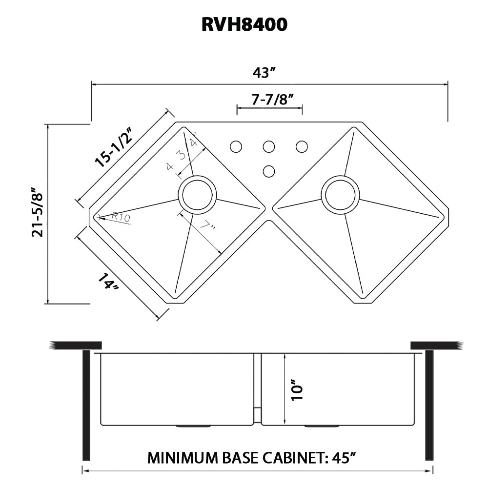 Ruvati Gravena 44” x 22" Undermount Stainless Steel 50/50 Double Bowl Corner Butterfly Kitchen Sink With Basket Strainer, Bottom Rinse Grid and Drain Assembly