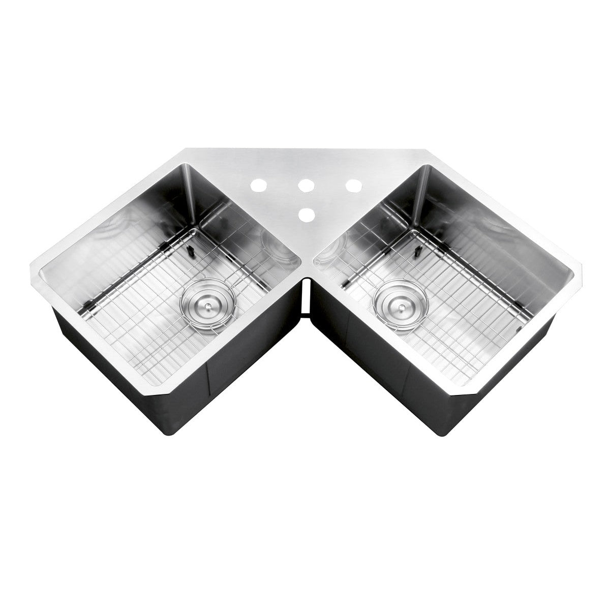 Ruvati Gravena 44” x 22" Undermount Stainless Steel 50/50 Double Bowl Corner Butterfly Kitchen Sink With Basket Strainer, Bottom Rinse Grid and Drain Assembly