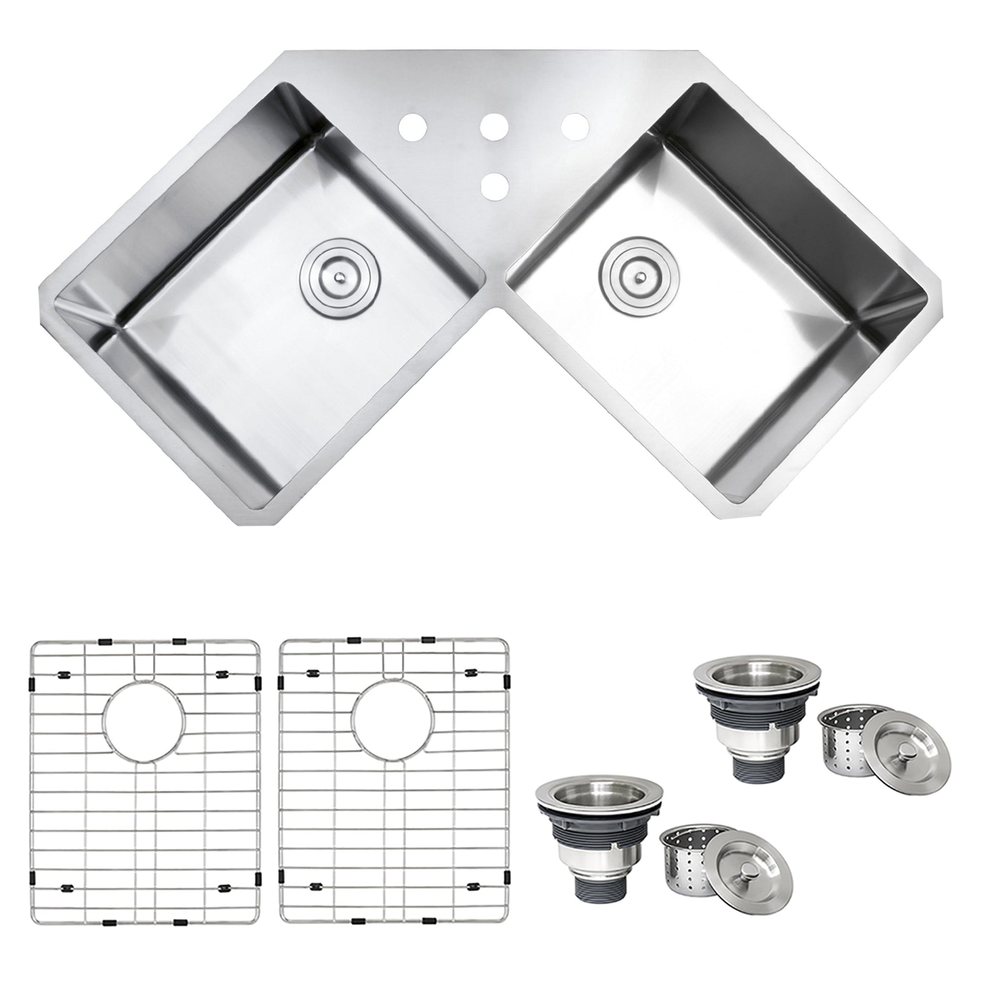 Ruvati Gravena 44” x 22" Undermount Stainless Steel 50/50 Double Bowl Corner Butterfly Kitchen Sink With Basket Strainer, Bottom Rinse Grid and Drain Assembly