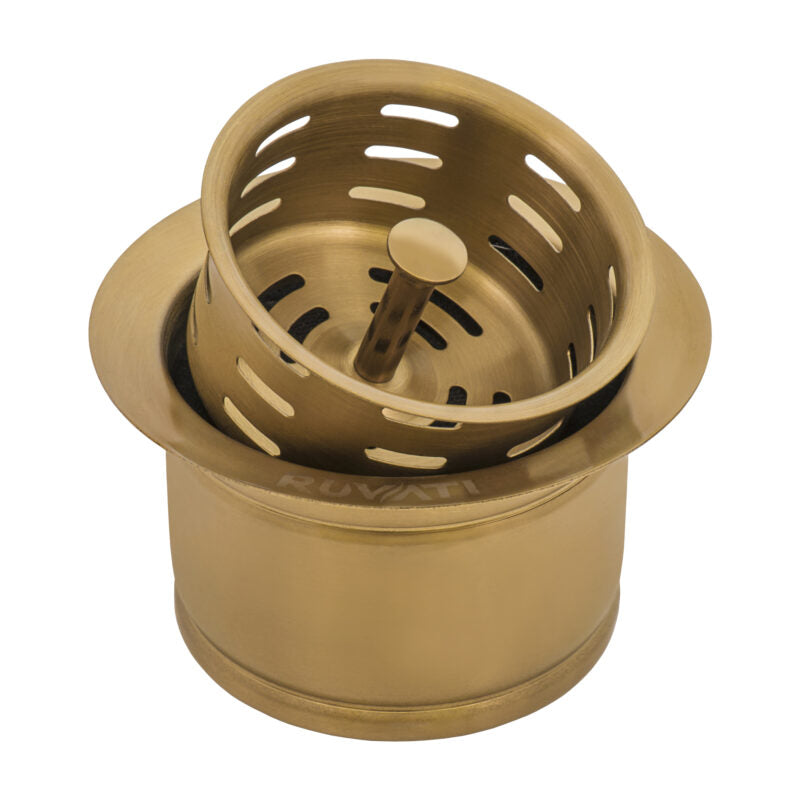 Ruvati Matte Gold Satin Brass Extended Garbage Disposal Flange with Deep Basket Strainer for Kitchen Sinks