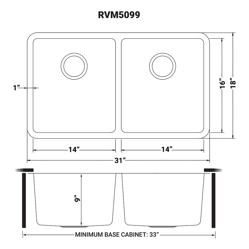 Ruvati Modena 31" x 18" Stainless Steel 50/50 Double Bowl Undermount Kitchen Sink