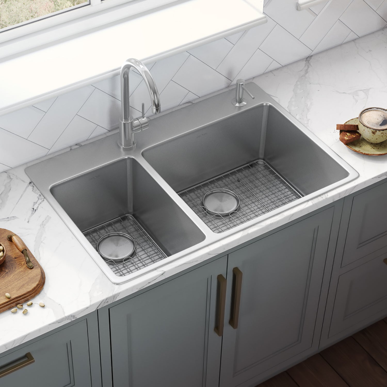 Ruvati Modena 33" x 22" Stainless Steel 30/70 Double Bowl Drop-in Topmount Kitchen Sink