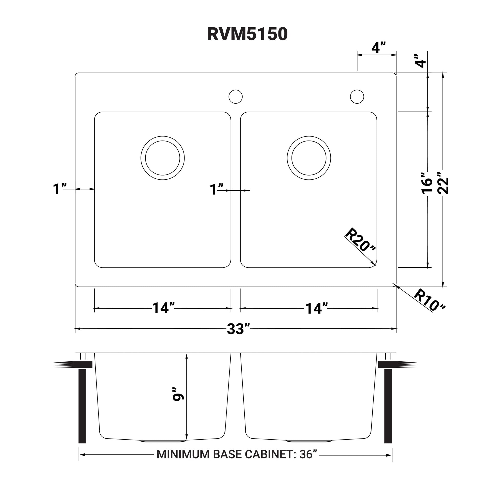 Ruvati Modena 33" x 22" Stainless Steel 50/50 Double Bowl Drop-in Topmount Kitchen Sink