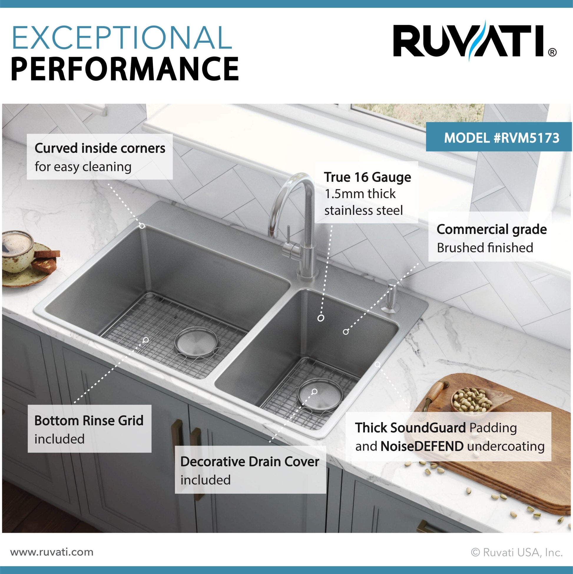 Ruvati Modena 33" x 22" Stainless Steel 70/30 Double Bowl Drop-in Topmount Kitchen Sink