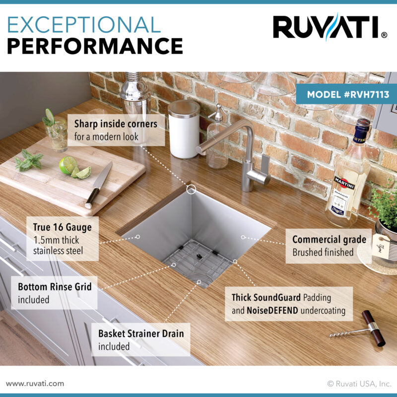 Ruvati Nesta 13” x 15" Undermount Stainless Steel Single Bowl Zero Radius Kitchen Sink With Basket Strainer, Bottom Rinse Grid and Drain Assembly