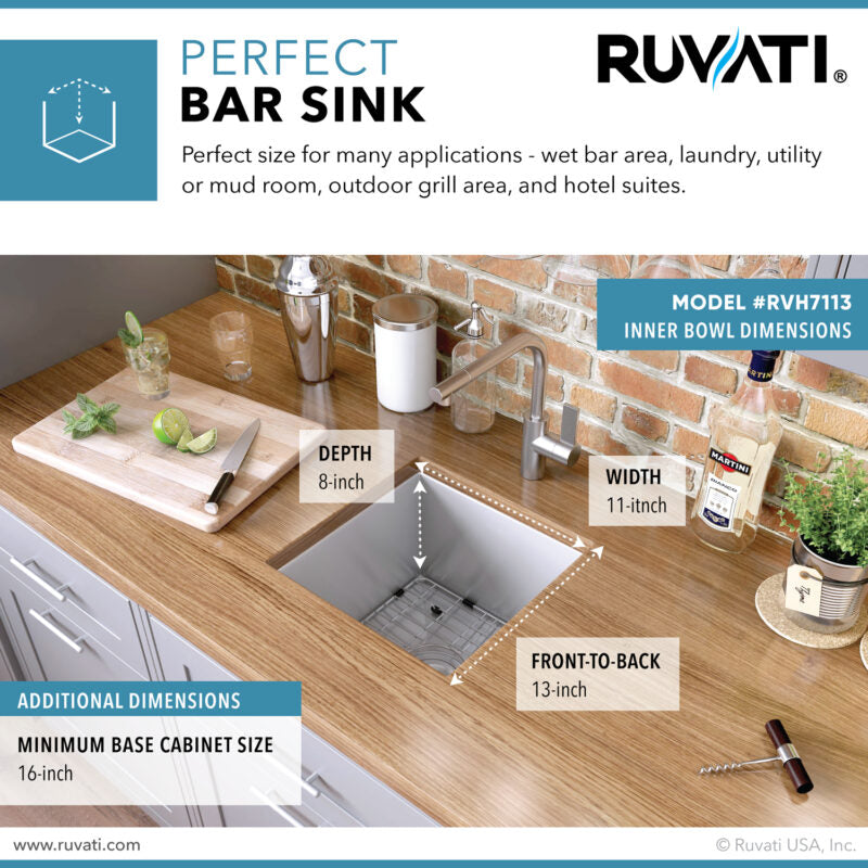 Ruvati Nesta 13” x 15" Undermount Stainless Steel Single Bowl Zero Radius Kitchen Sink With Basket Strainer, Bottom Rinse Grid and Drain Assembly