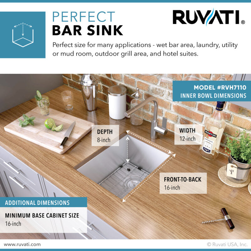 Ruvati Nesta 14” x 18" Undermount Stainless Steel Single Bowl Zero Radius Kitchen Sink With Basket Strainer, Bottom Rinse Grid and Drain Assembly