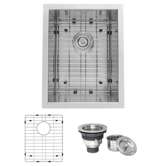 Ruvati Nesta 14” x 18" Undermount Stainless Steel Single Bowl Zero Radius Kitchen Sink With Basket Strainer, Bottom Rinse Grid and Drain Assembly