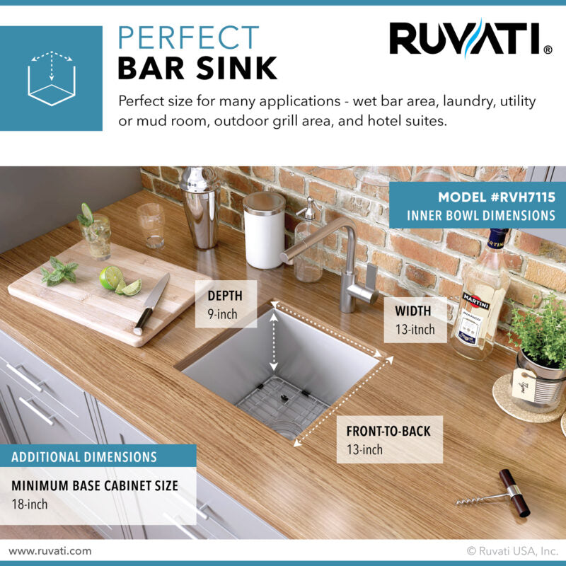 Ruvati Nesta 15” x 15" Undermount Stainless Steel Single Bowl Zero Radius Kitchen Sink With Basket Strainer, Bottom Rinse Grid and Drain Assembly