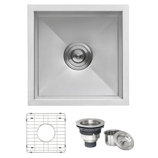 Ruvati Nesta 15” x 15" Undermount Stainless Steel Single Bowl Zero Radius Kitchen Sink With Basket Strainer, Bottom Rinse Grid and Drain Assembly